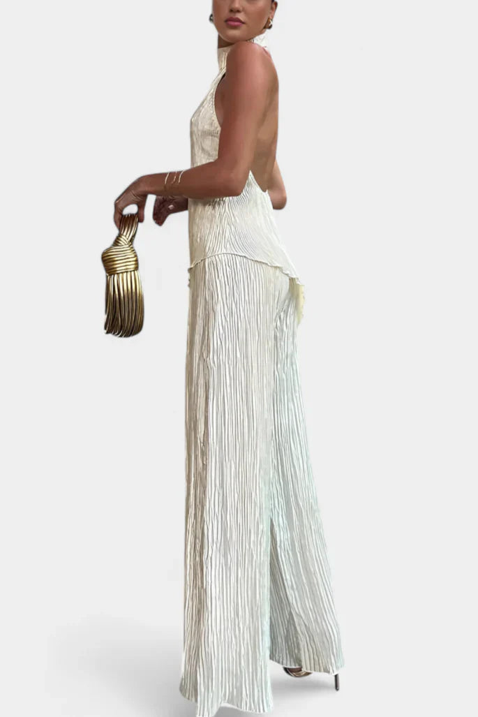 Pilarica · Conjunto plisado con top halter y pantalón fluido