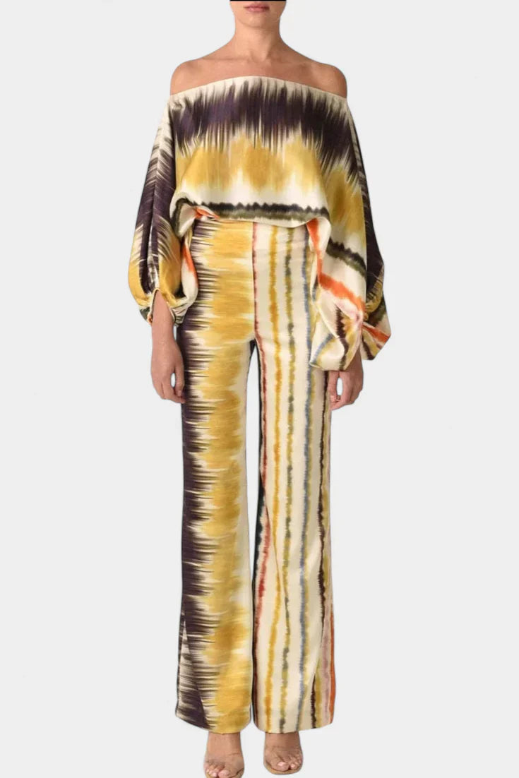 Sybella · Conjunto boho con hombros descubiertos y pantalones amplios