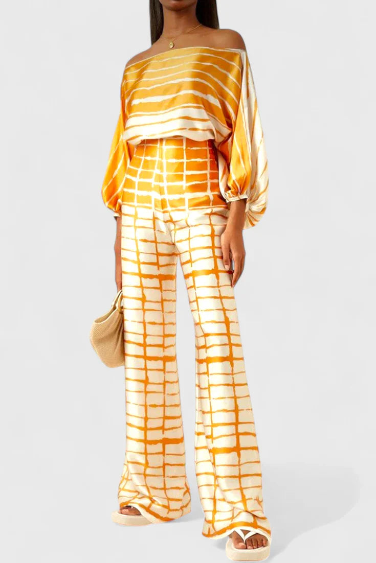 Sybella · Conjunto boho con hombros descubiertos y pantalones amplios