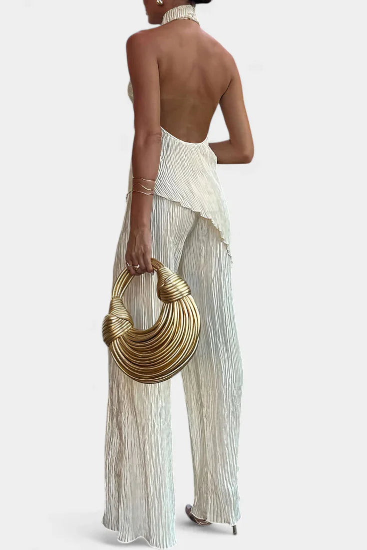 Pilarica · Conjunto plisado con top halter y pantalón fluido