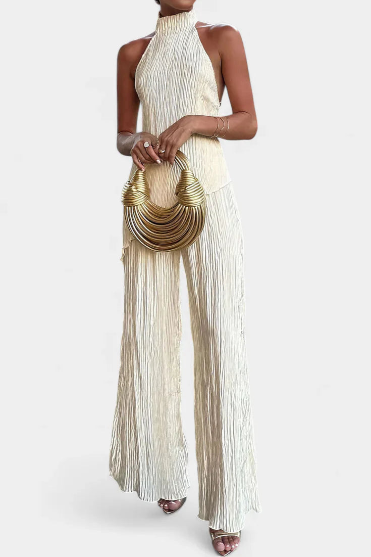 Pilarica · Conjunto plisado con top halter y pantalón fluido