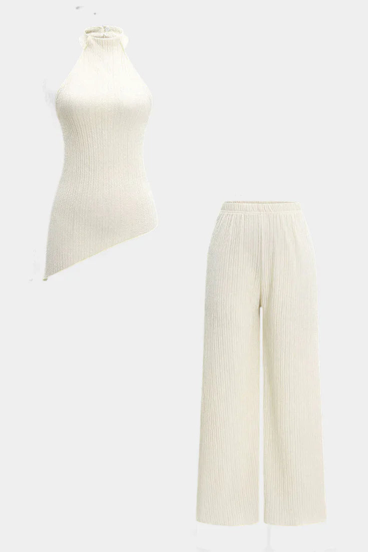 Pilarica · Conjunto plisado con top halter y pantalón fluido